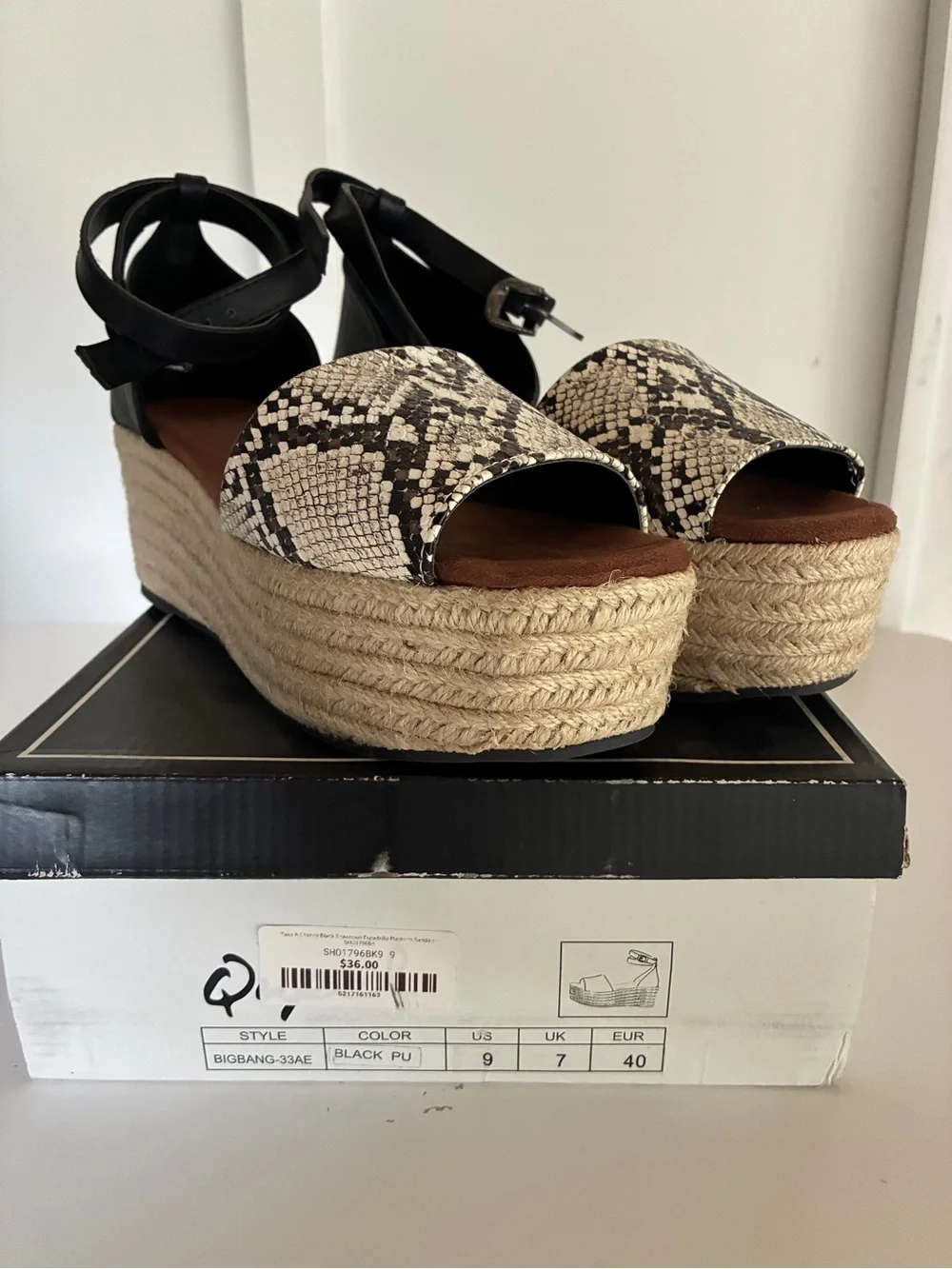Qupid Snake-Print Espadrille Platform Sandal with Black Ankle Strap